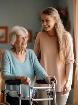 A young woman takes care of an old woman