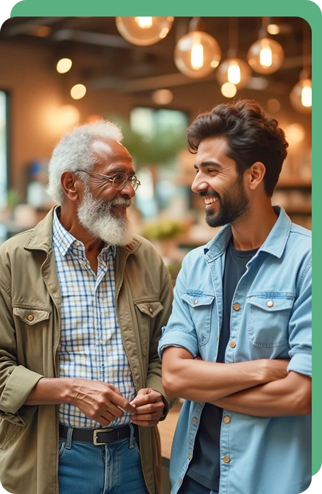 two men smiling in a bright room